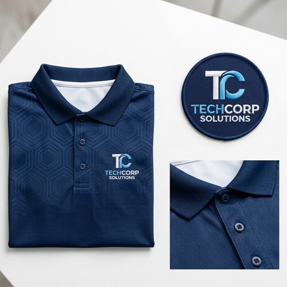 Corporate Apparel Sample — branded polo shirts, jackets, and uniforms with sublimated logos